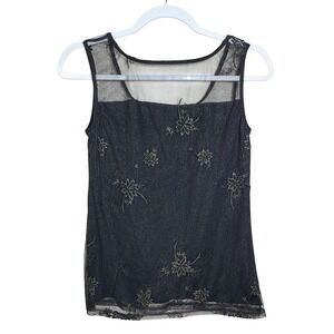 Vintage Black Sheer Floral Mesh Tank Top S Witchy Goth Noire Fairycore Whimsical